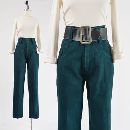 Vintage 90s dark green high waisted jeans with wide belt.