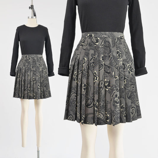 Vintage 90s Gray Floral and Paisley Pleated Mini Skirt size M