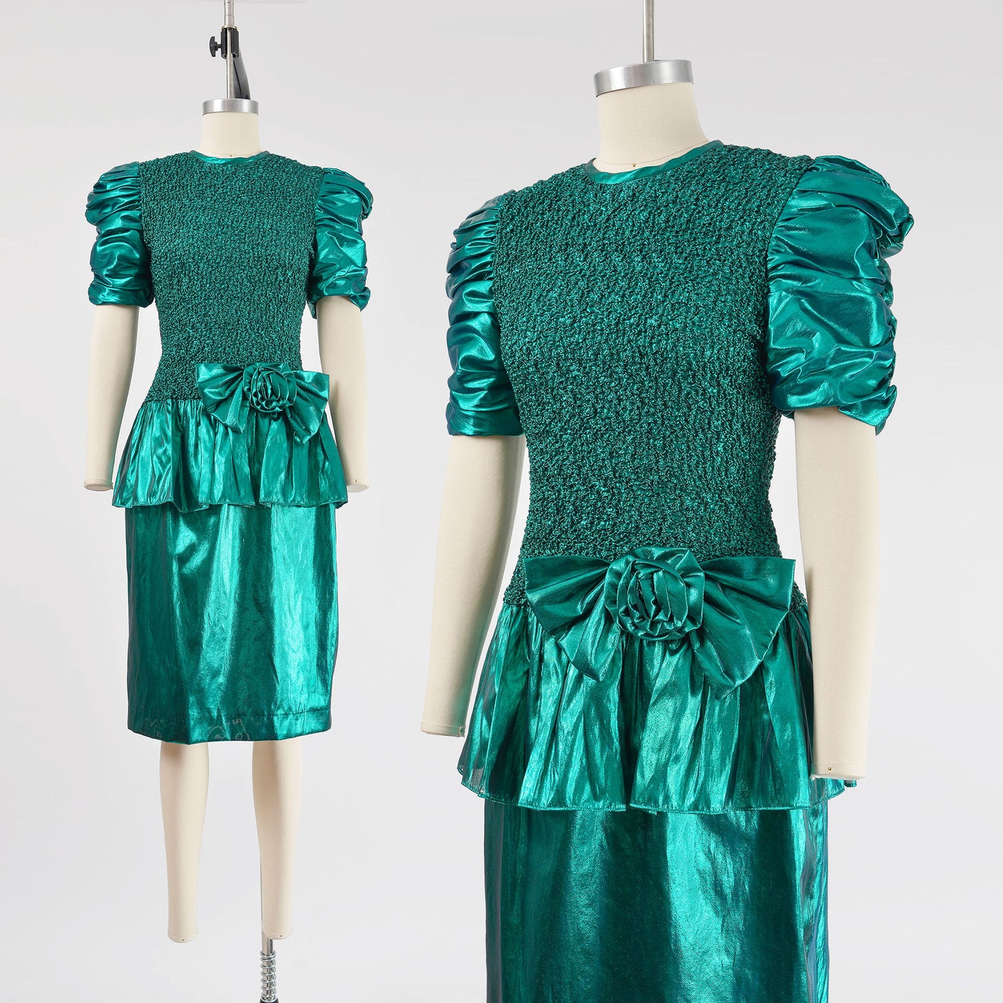 Vintage 80s Metallic Green Lame Drop Waist Ruffle Bow Party Dress size S