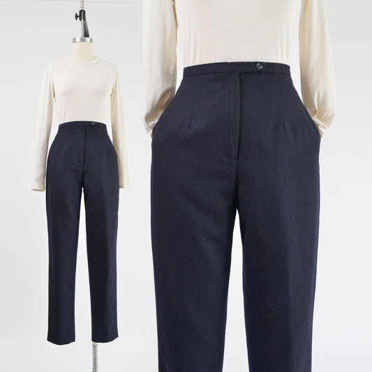 Vintage 90s dark navy blue wool blend pants. High waisted tapered leg trousers.