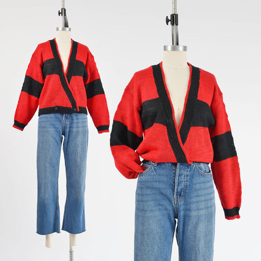 Vintage 90s Red and Black Striped Deep V Neck Sweater Cardigan size S M