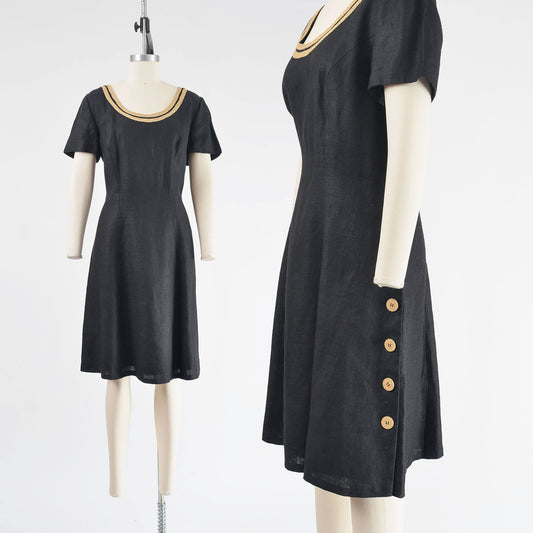 Vintage 90s Black Linen Short Sleeve Fit and Flare Dress size L