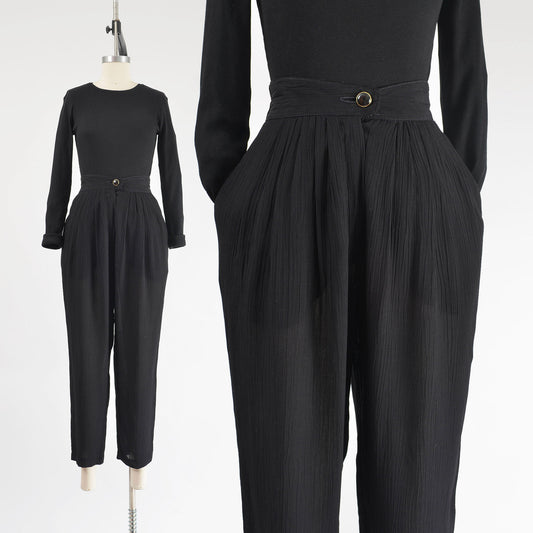 Vintage 90s black high waisted pleated front tapered leg trouser pants. 