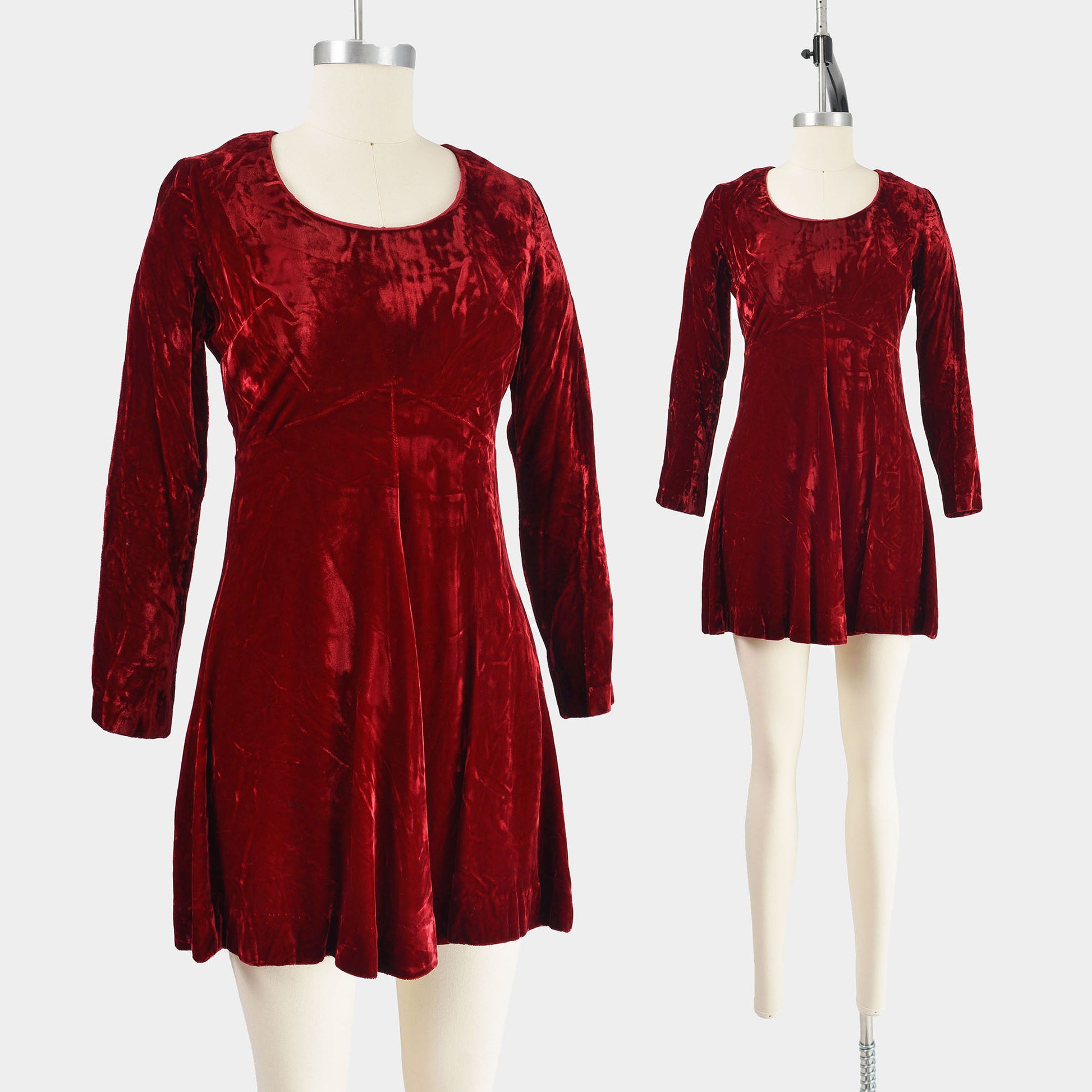 Front view of 70s burgundy red velvet mini dress.