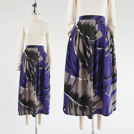 Vintage 90s Purple Leaf Print Full Pleated Midi Skirt with Pockets size L