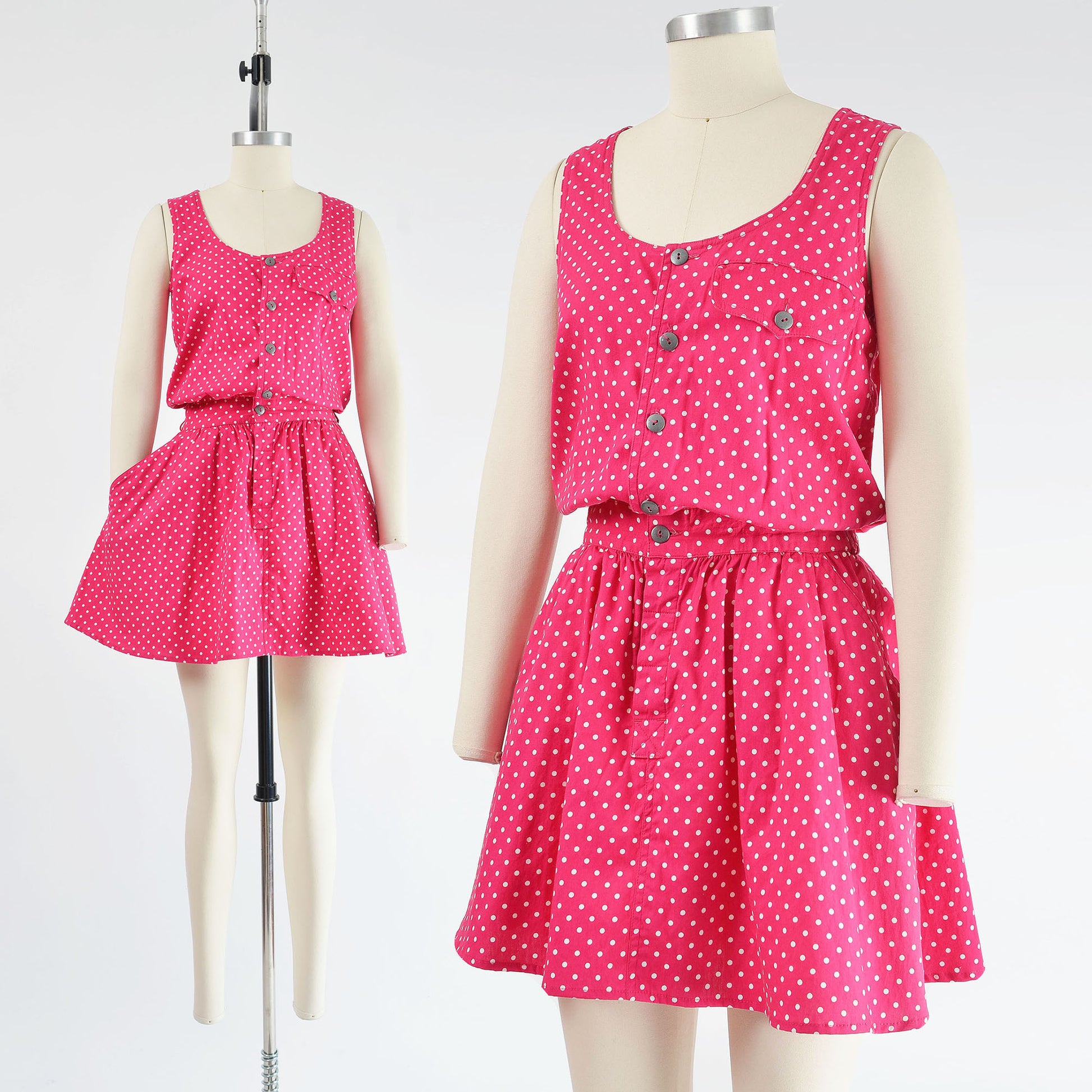 Vintage 90s pink and white polka dot mini dress. Cotton fabric. Full skirt with pockets.