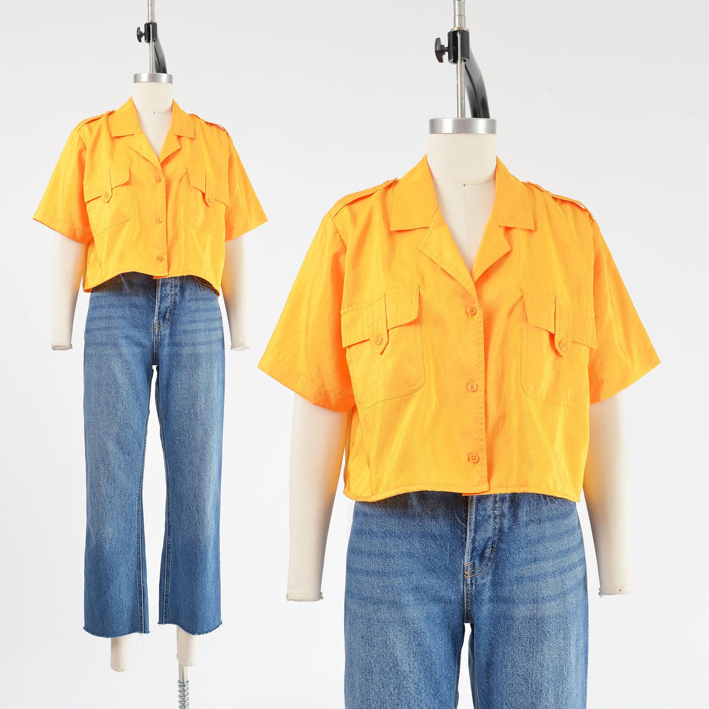 Vintage 90s Yellow Cropped Shirt Collared Button Down Crop Top size M L